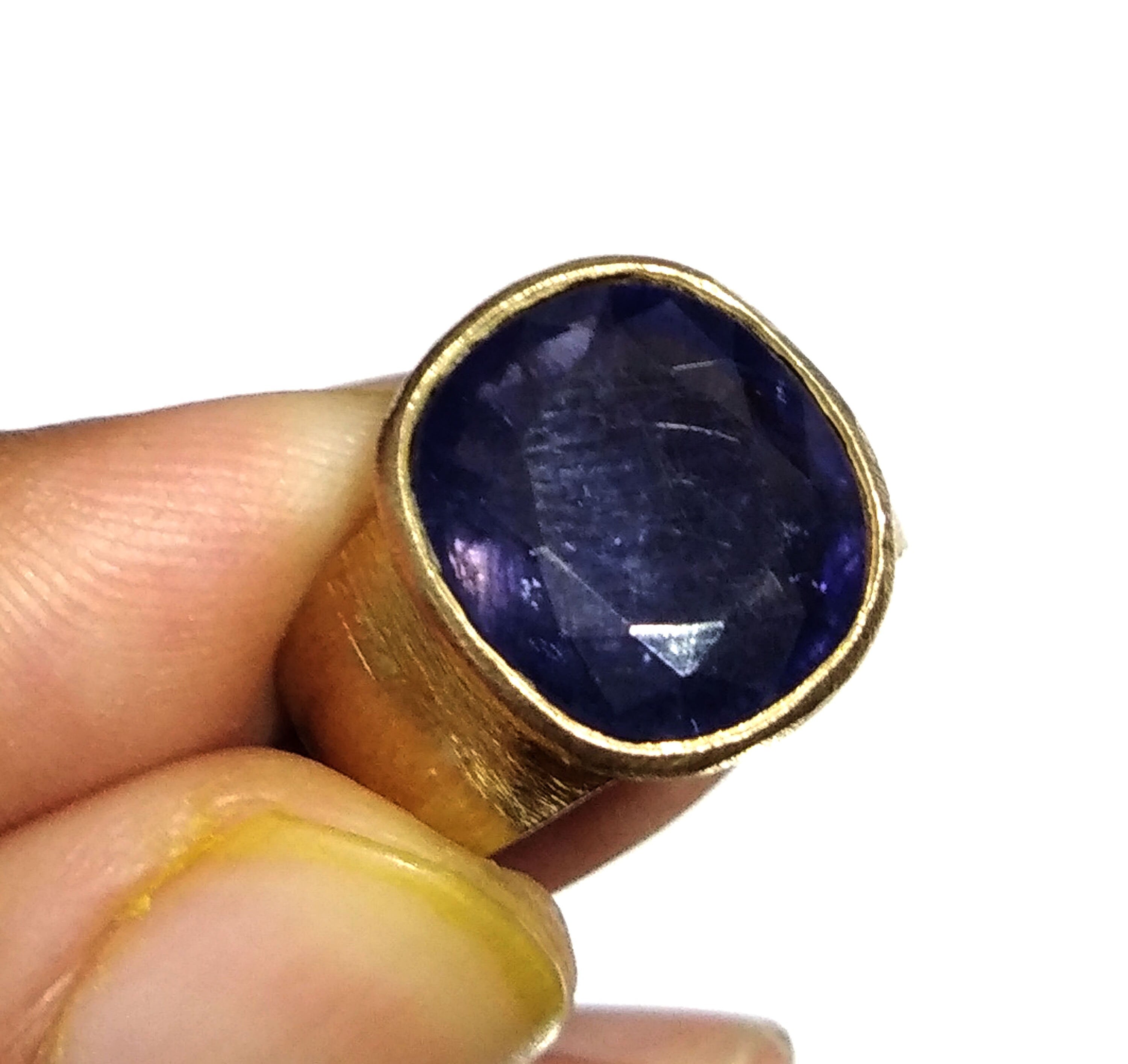 Natural Blue Sapphire Faceted Stone Ring, Solid 925 Sterling Silver Gold Plated Ring, Blue Sapphire Stone Size 14x14mm for Gift Wedding Ring